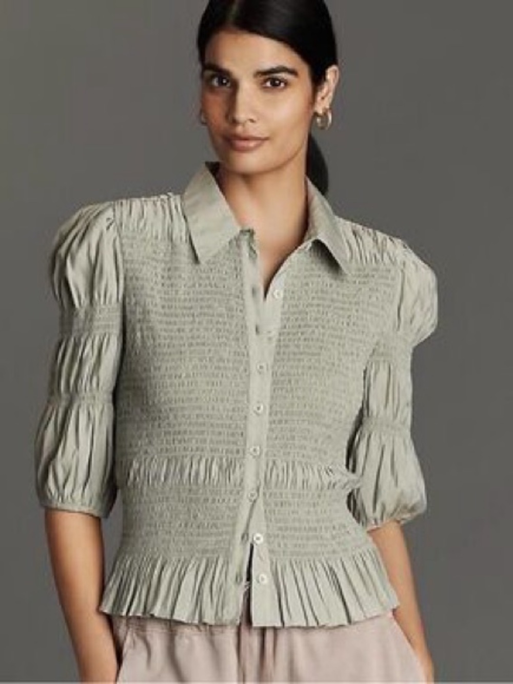 Anthropologie Sage Green Smocked Button-Down Puff Sleeve Top